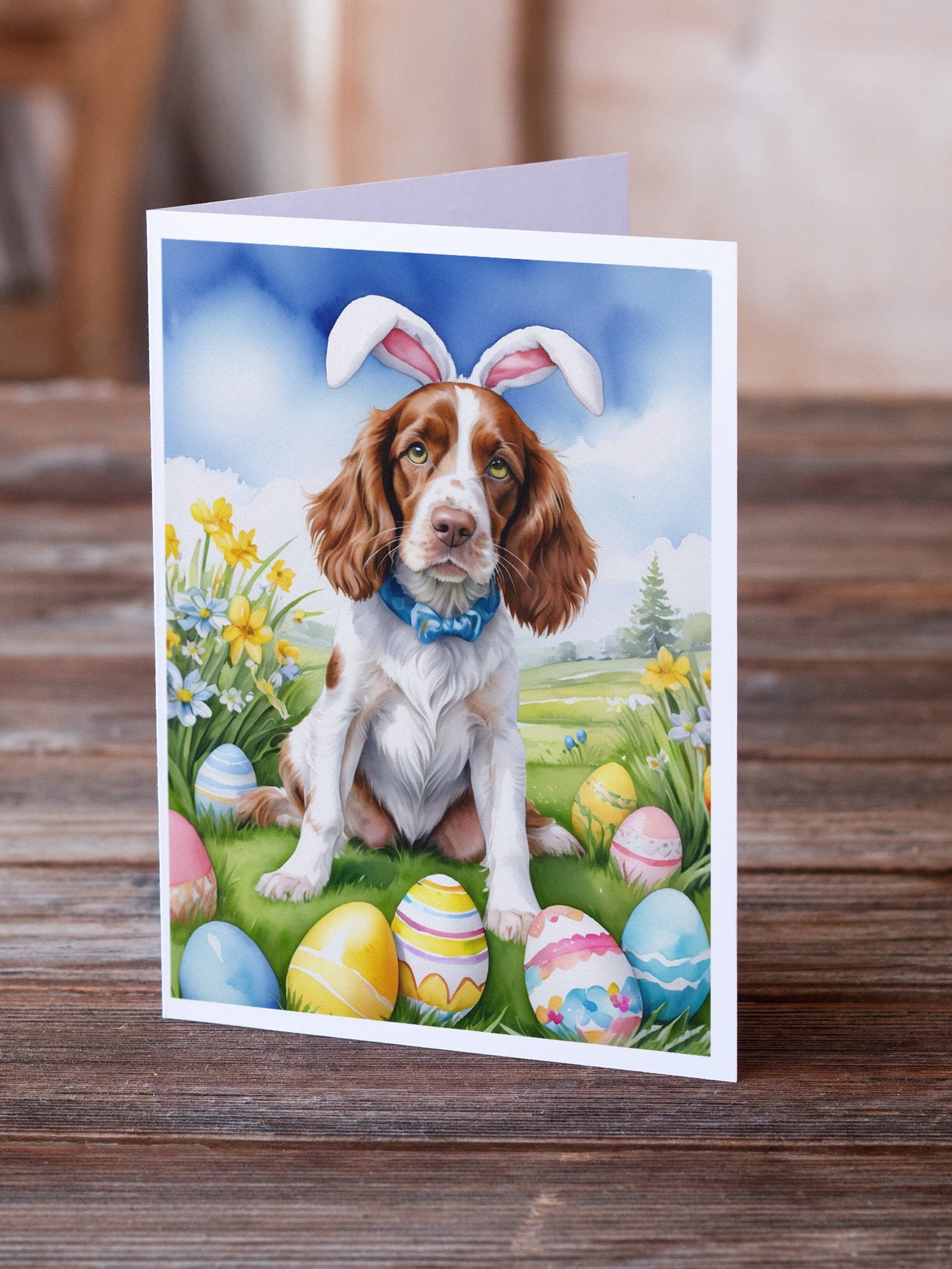 Welsh Springer Spaniel Easter Egg Hunt Greeting Cards Pack of 8 7 in x 5 in