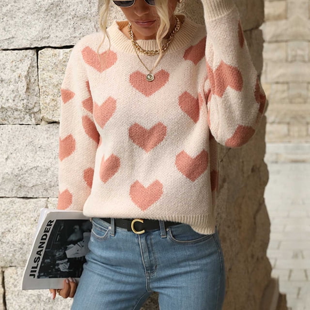 Suéter Con Estampado de Corazones, Dulce, Informal, Cuello Redondo, Manga Larga para Mujer, Vacaciones y Ocio