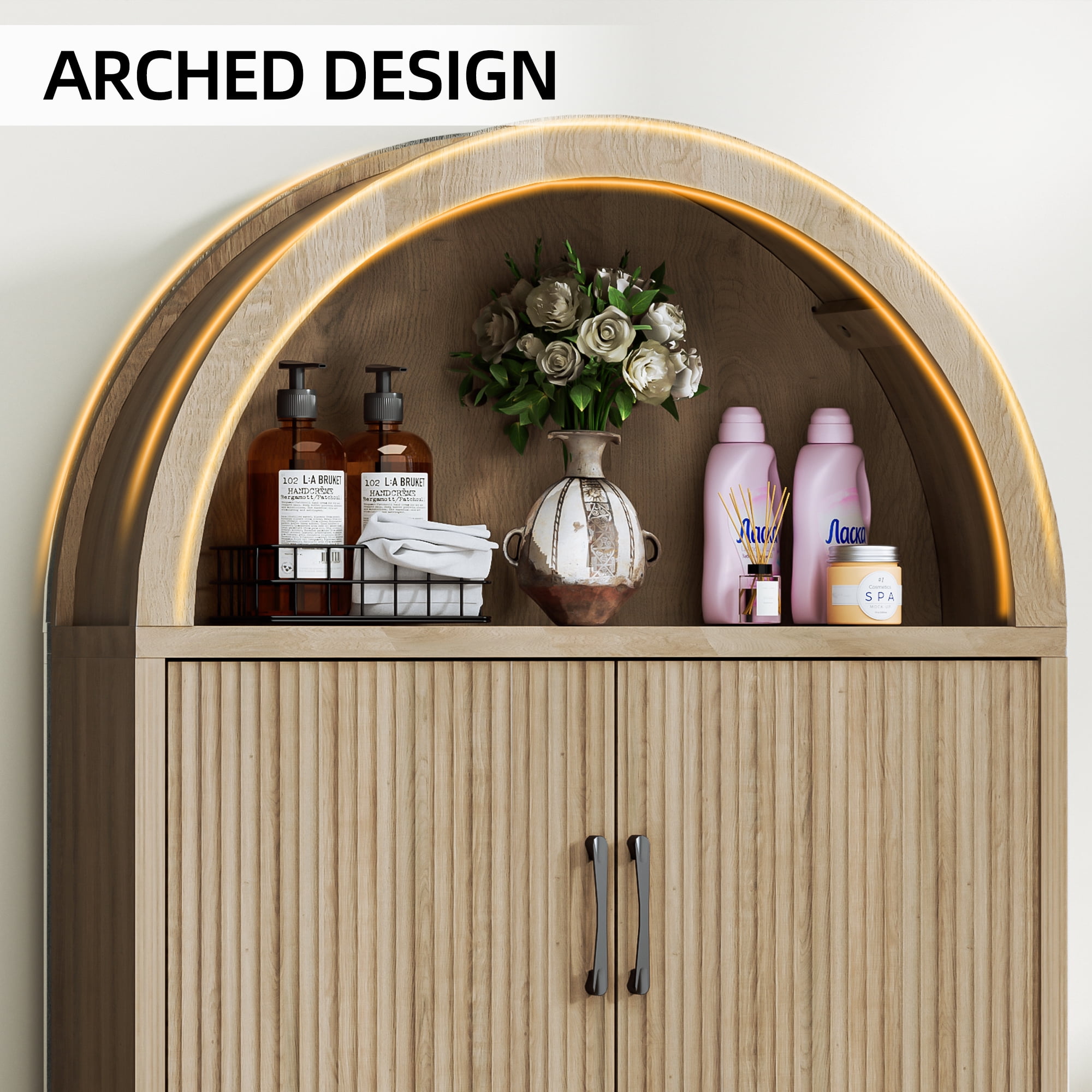 AHB Over Toilet Storage Cabinet with Arc Design, Freestanding Bathroom Organizer with Doors, 7.7"D x 30.5"W x 67.7"H, Wood Color