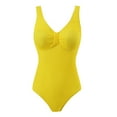 thumbnail image 4 of UTSJKR Women One Piece Swimsuit Trendy Casual Summer Solid Ribbed Monokini Swimwear Classic V Neck Low Back Bathing Suit Yellow 10, 4 of 6