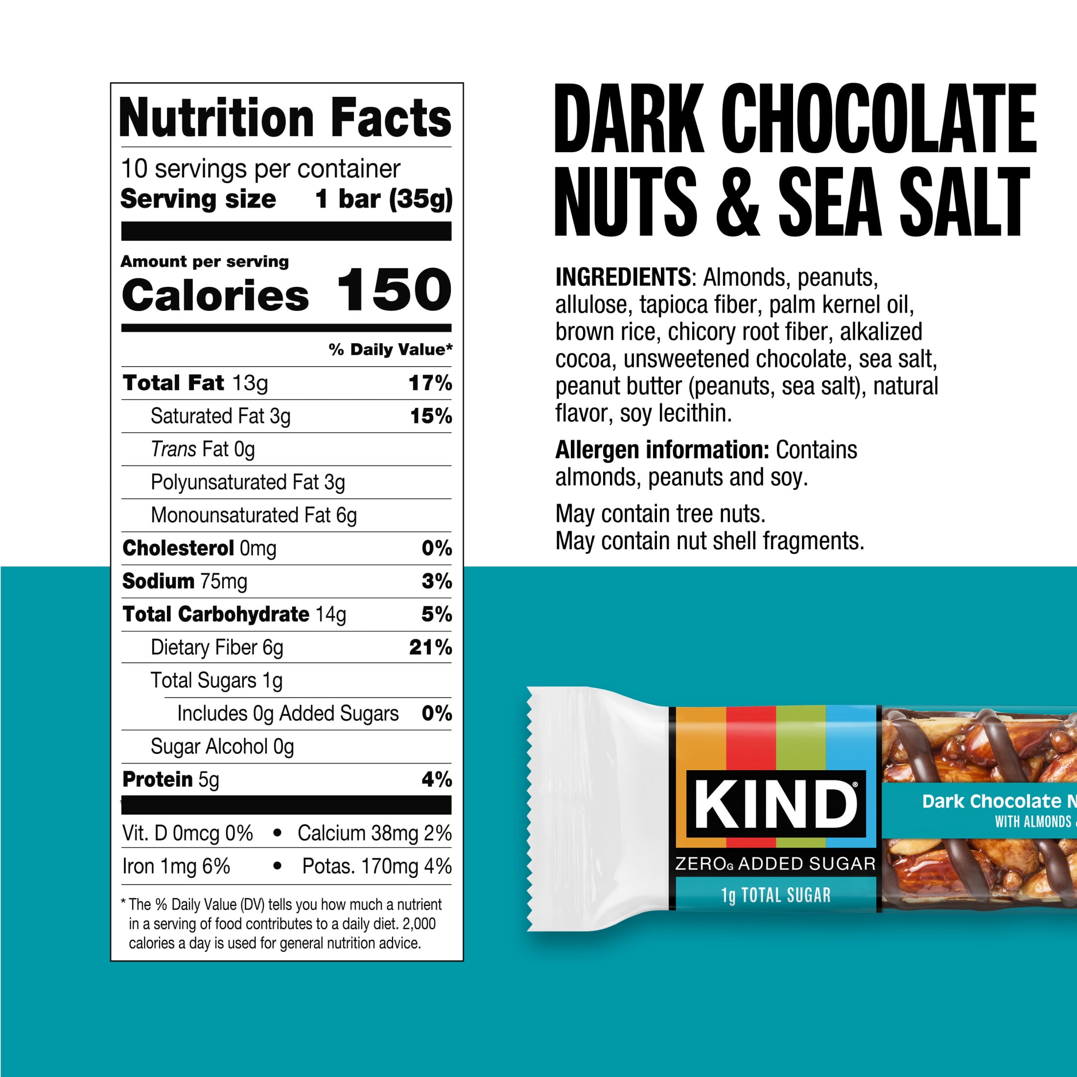 KIND ZERO Added Sugar Bars, Keto Friendly Snacks, Dark Chocolate Nuts and Sea Salt, 6.2oz Box 10 Count