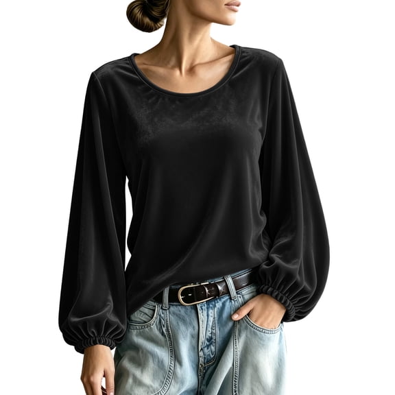Dpjklzsn Women's Velour Scoop Neck Blouse with Gathered Long Sleeves and Relaxed Fit