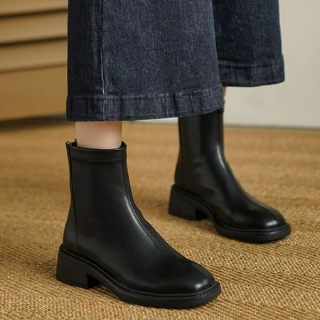 

Cathalem Women Boots Low Heel Leather Fashion Women Artificial Leather Solid Color Autumn Thick Winter Boots for Women Wide Width Black 6.5