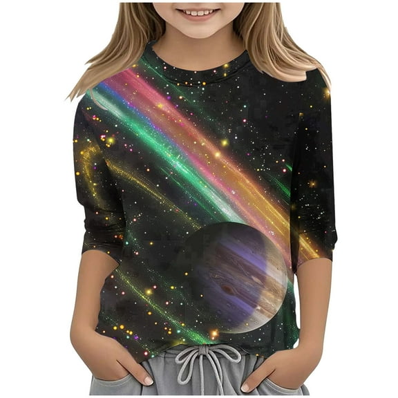 ZTKWD Shirts for Boys Girls Kids Tops 3/4 Sleeve Starry Sky Galaxy Print for Kids 6-16 Years