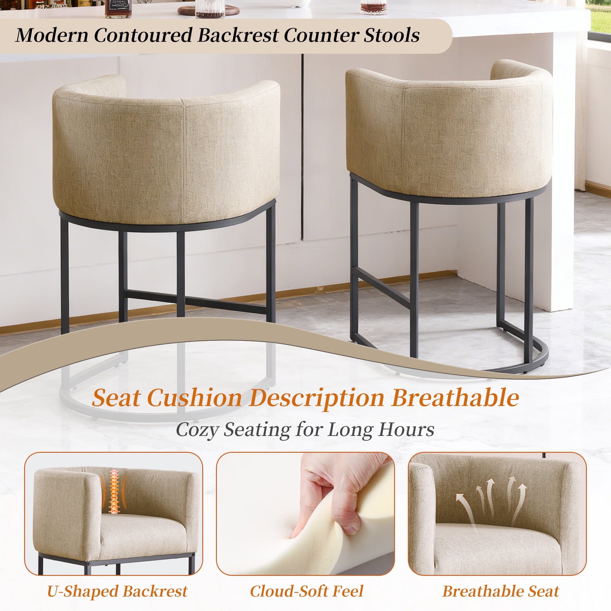 ClinQ Counter Height Bar Stool Set of 1, 26 in Fabric Upholstered Seat, Metal Legs for Indoor Dining Room and Kitchen Island, Camel