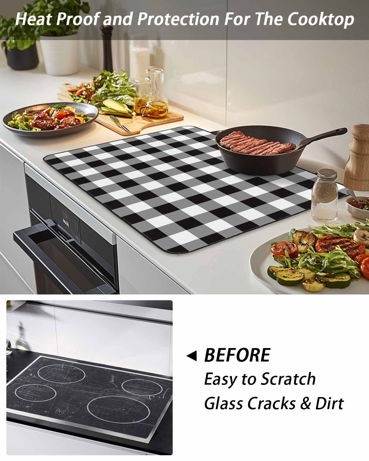 Stove Top Covers for Electric Stove, Black and White Checkered Glass Stovetop Cover Protector, Farmhouse Buffalo Plaid Induction Cooktop Protector Oven Mat for Kitchen Countertop 24"x21"
