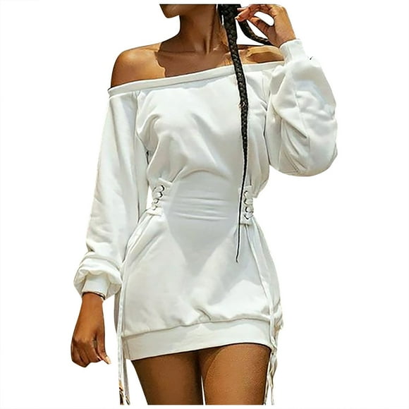 HBFAGFB Dress for Women Off Shoulder Lace-Up Long Sleeves Versatile Drawstring Skirt White Size M