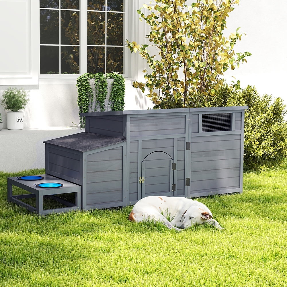 Gray Wooden Dog House Outdoor - Weatherproof Dog Kennel with Porch & Openable Roof, Removable Bottom, Elevated Floor - for Small to Medium Breeds (45.28"L x 25.2"W)