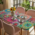 thumbnail image 3 of Colorful Ethnic Table Cloths for 5 Foot Rectangle Tables, National Modern Geometric Red Green Patio Waterproof Elastic Fitted Tablecloths, Washable Rectangular Table Cover for Camping, 3 of 8