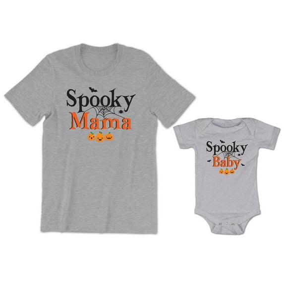 Spooky Mama Women's T-Shirt Pumpkin Graphic Tee Spooky Baby Bodysuit Kids Toddler Shirt Halloween Family Matching Mommy Daughter Son Outfits