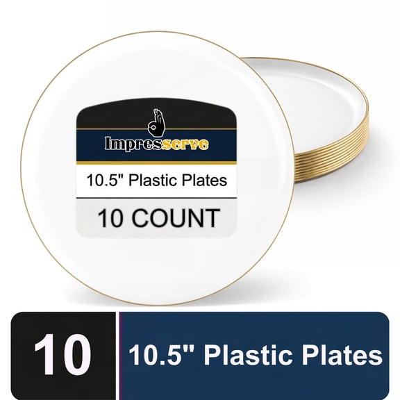 Impresserve Edge Collection Disposable Plastic Plates, 10.5”, White & Gold , 10 Count