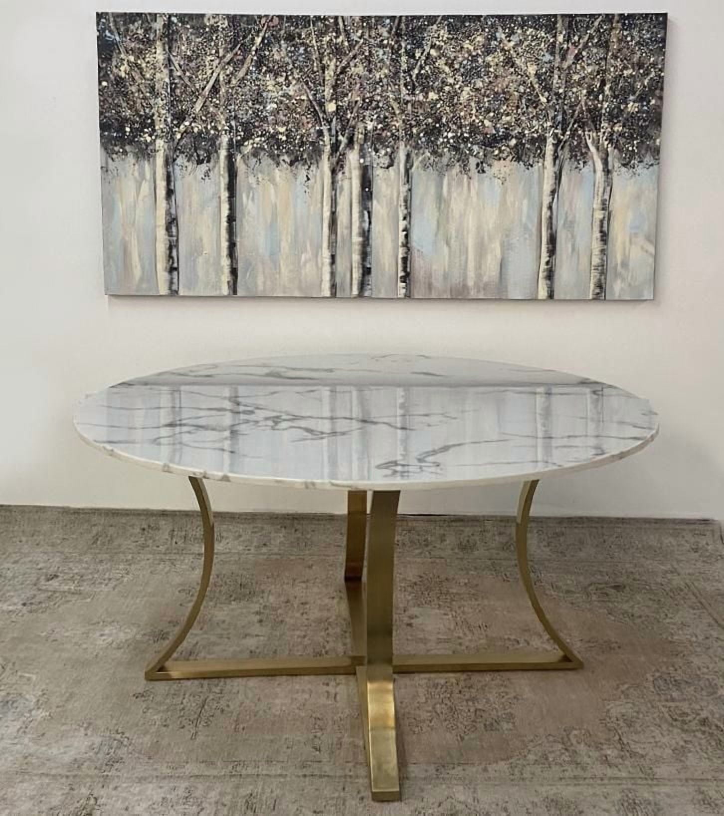 Table à manger Florian en or, table à manger ronde, table à manger en faux marbre blanc, table à manger en acier inoxydable doré, table de salle à manger, table à manger de cuisine avec base dorée