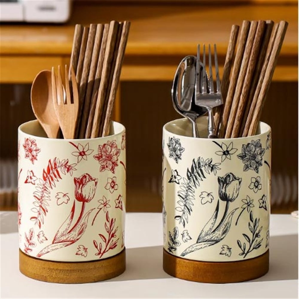 Kitchen Utensil Holder Ceramic for Countertop Utensil Organizer with Drain Tray