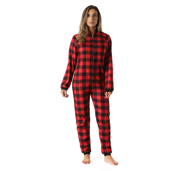 Just Love Printed Flannel Adult Onesie / Pajamas (Buffalo Plaid Red / Black, Small)