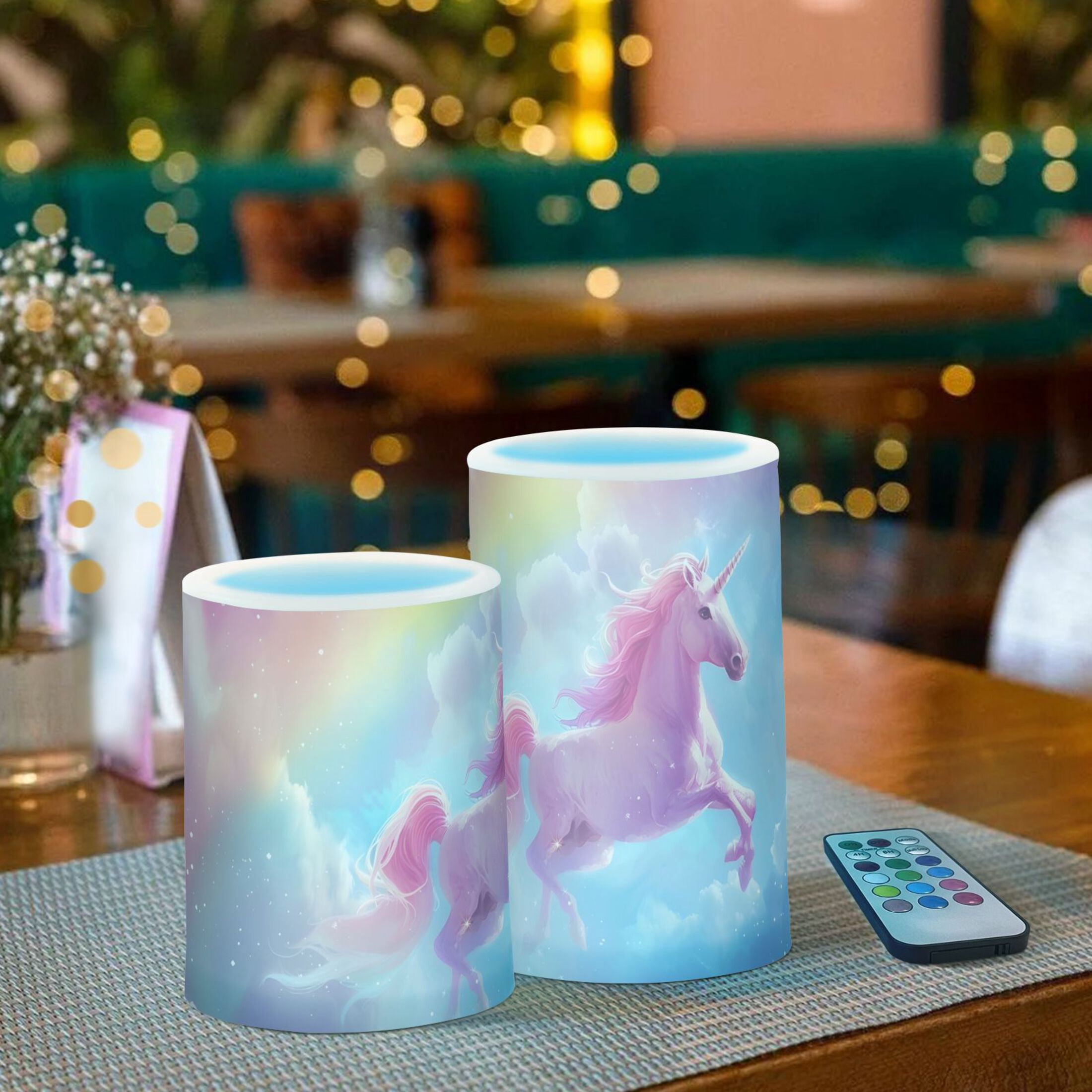 Pink Unicorn and Rainbow Flameless Candles&nbsp;LED Lights Battery Operated Candles with Remote and Timers Flicker Lights Votive Set of 2