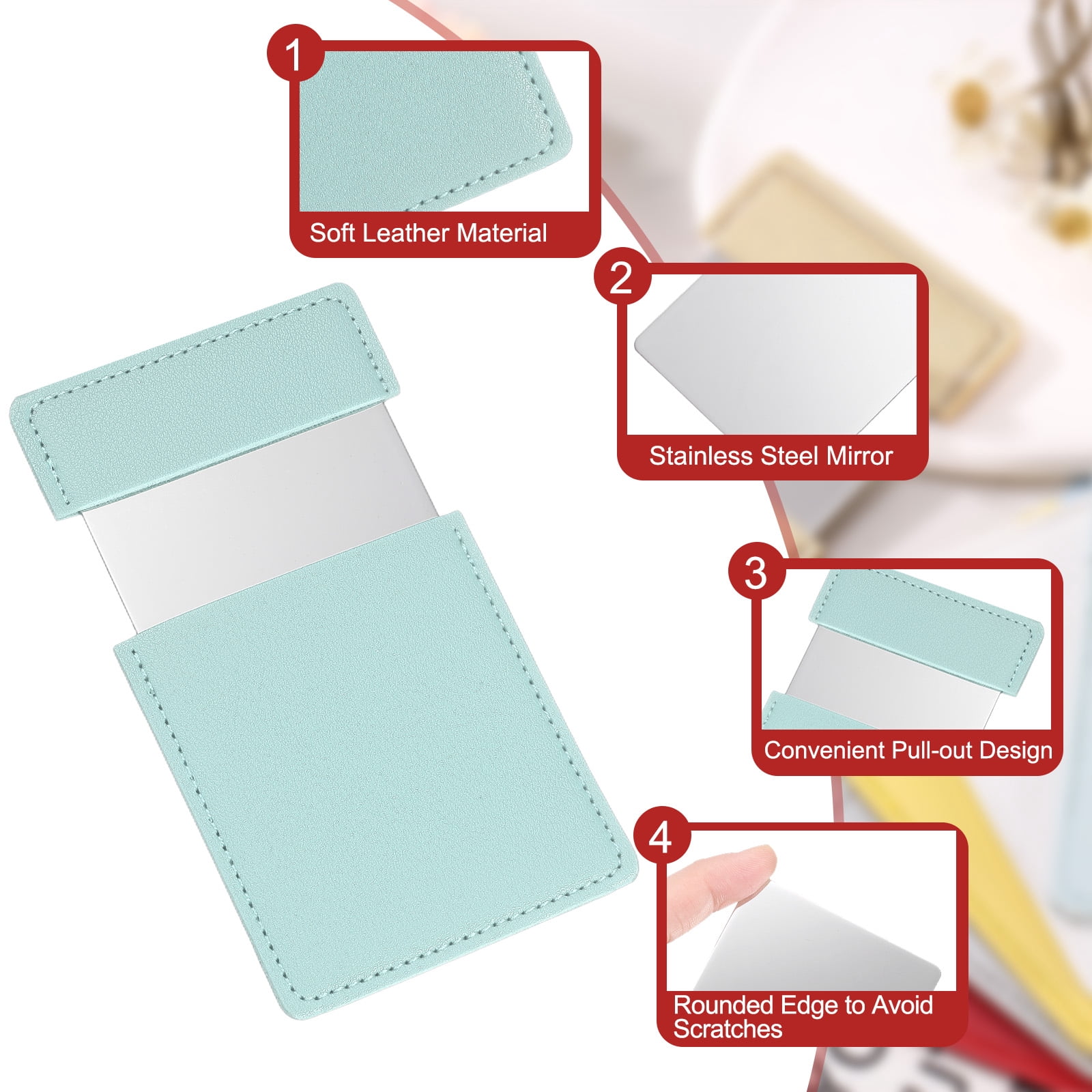 Unique Bargains Small Pocket Mirror Purse Stainless Steel Compact Leather Light Blue