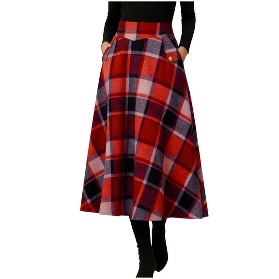 HongQid Womens Warm Wool Midi Skirts Winter Fall High Elastic Waist A line Flared Woolen Skirts