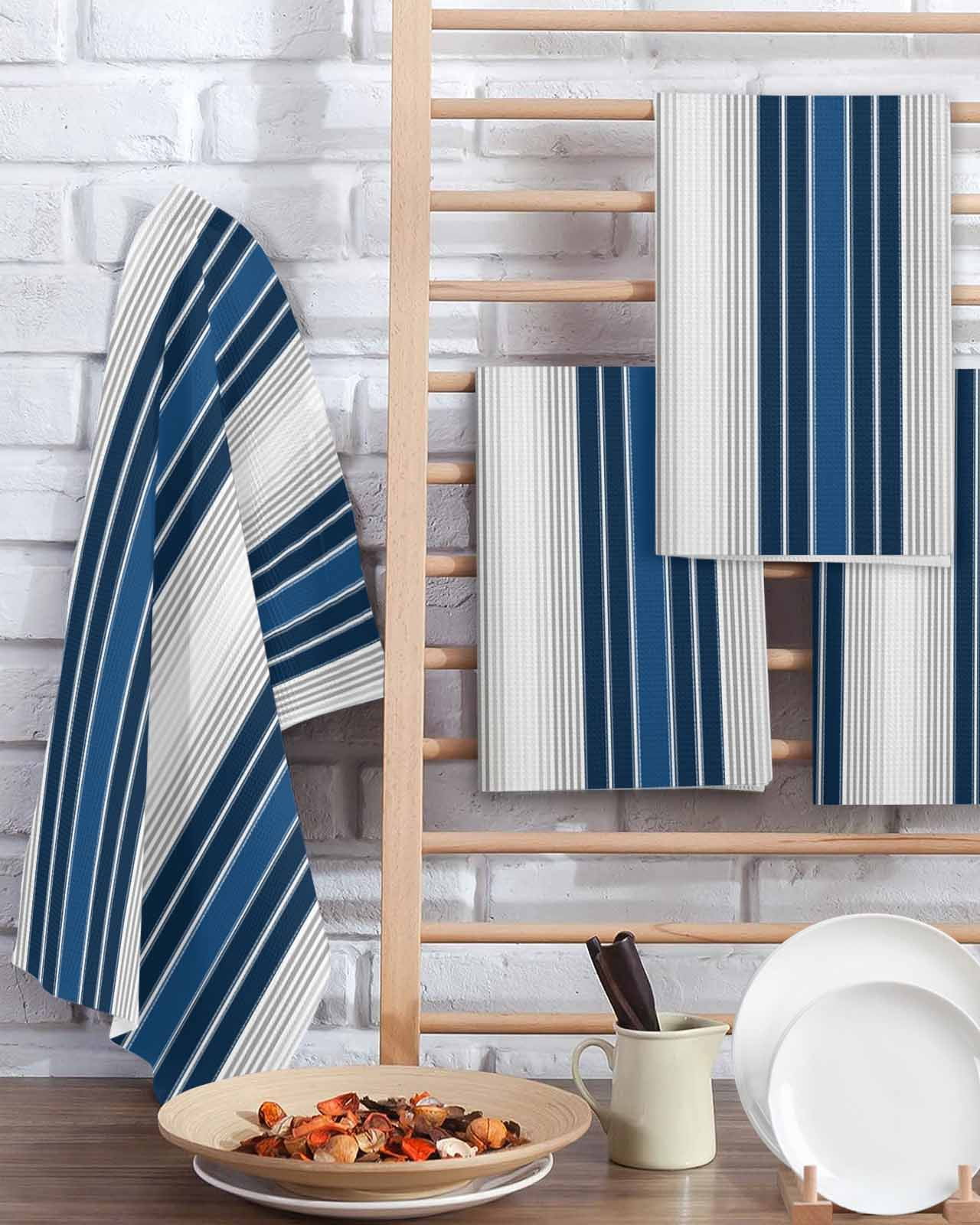 Lake Blue Stripes Kitchen Dish Towels for Drying Dishes Set of 4, Minimalist Abstract Vertical Lines Waffle Weave Microfiber Terry Hand Tea Bathroom Towels Quick Dry & Absorbent Towel 15.7x23.6