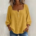 thumbnail image 4 of Miluxas Womens Long Sleeve Blouses Summer Cotton Linen Square Neck Tunic Shirts Button Up Loose Fit Business Casual Blouse Vacation Outfits Yellow, 4 of 7