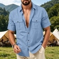 thumbnail image 3 of Mens Linen Button Down Shirt Short Sleeve Dual Chest Pocket Relaxed Fit Collared Open Front Casual Beach Overshirt, 3 of 8