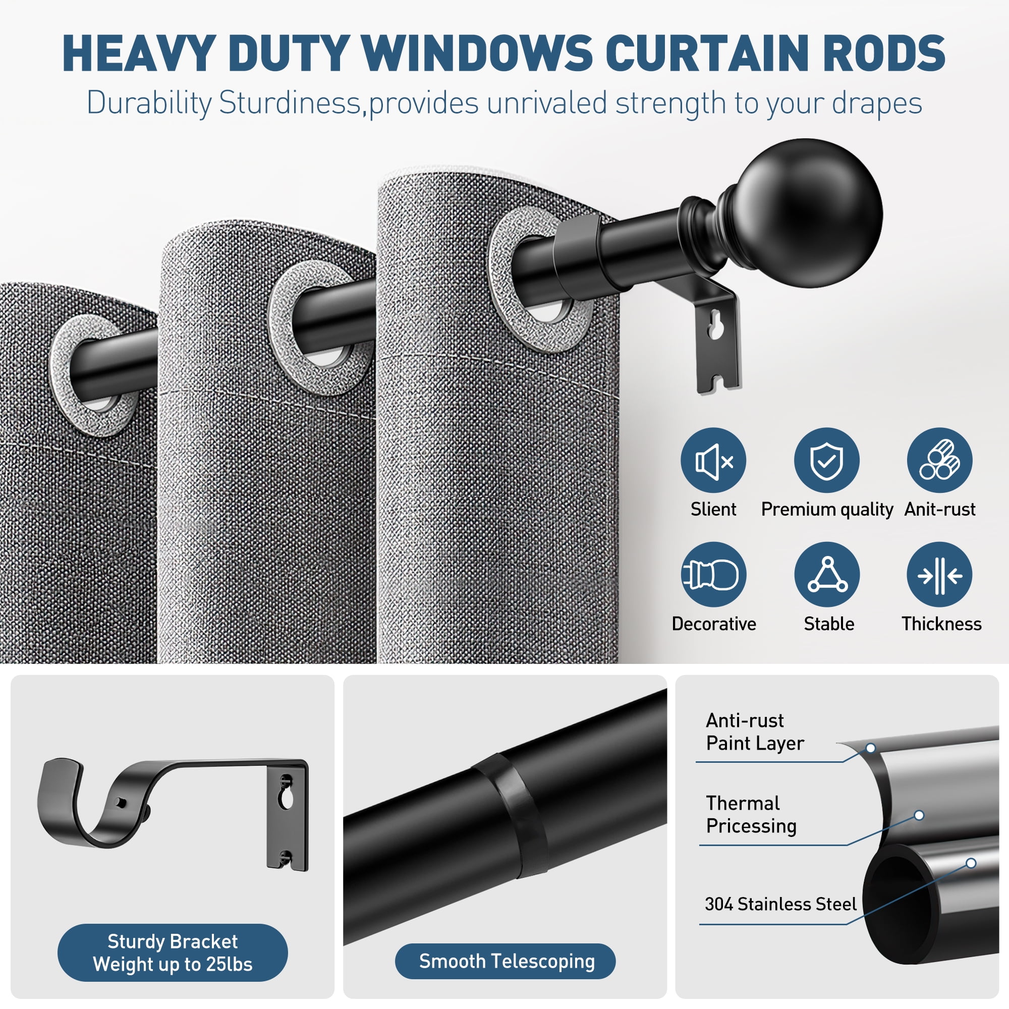 Curtain Rods for Windows 32 to 144 inch, Adjustable Window Curtain Rod, Single Window Curtain Rod with Ball Finials, 1 inch Diameter Decorative Curtain Rod Set, Modern Decorative Drapery Rods