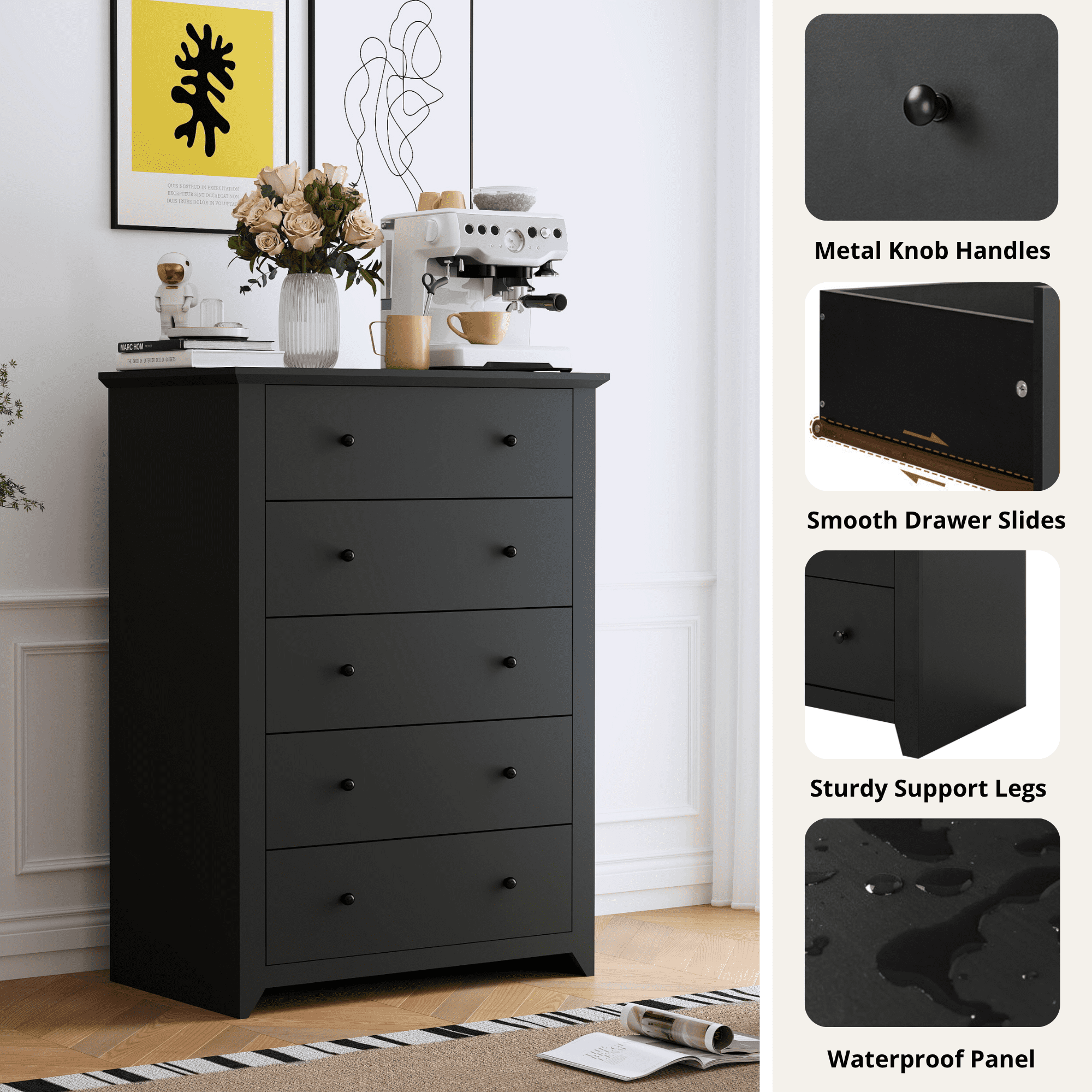 TrumanPick Black Dresser for Bedroom 5 Drawer Dresser 31.2"D x 17"W x 47"H Tall Chest of Drawers Wooden dressers for Closet Living Room