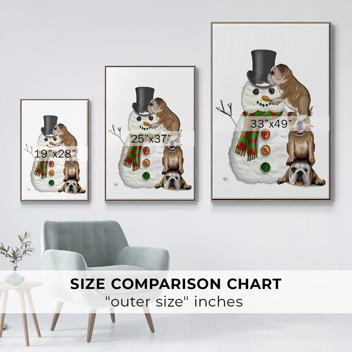 Christmas English Bulldogs Building Snowman - Framed Gallery Wrapped Holiday Canvas - 17 x 25 - Natural Wood Frame