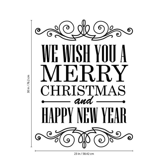 Vinyl Wall Art Decal - We Wish You A Merry Christmas and Happy New Year - 30" x 23" - Christmas Holiday Seasonal Sticker - Home Apartment Wall Door Window Work Decor Decals (30" x 23"; Black)