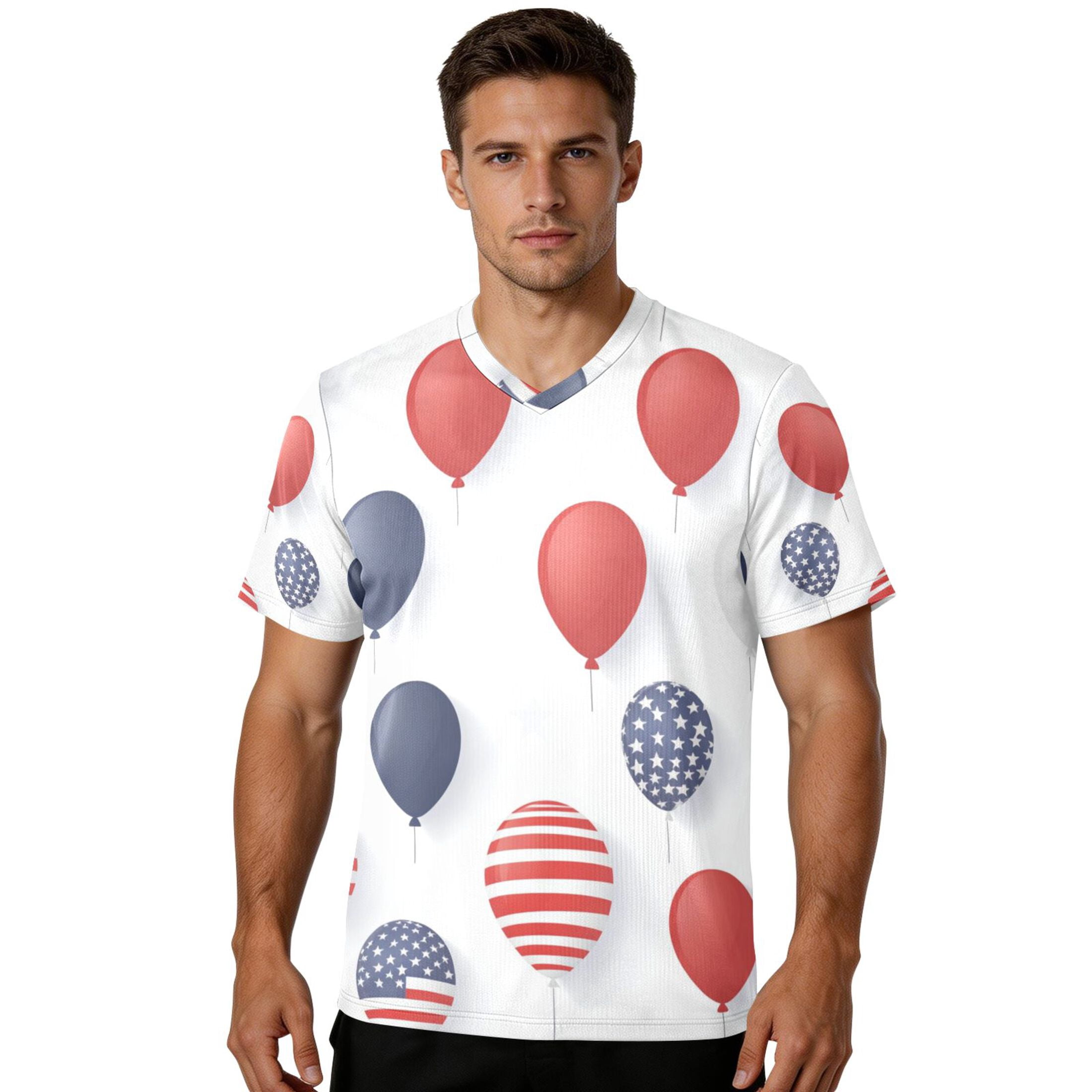 July 4th Usa Flag Pattern Balloons Men's Sports Jerseys Athletic T-Shirt Football Referee Short Sleeves Shirt 5XL