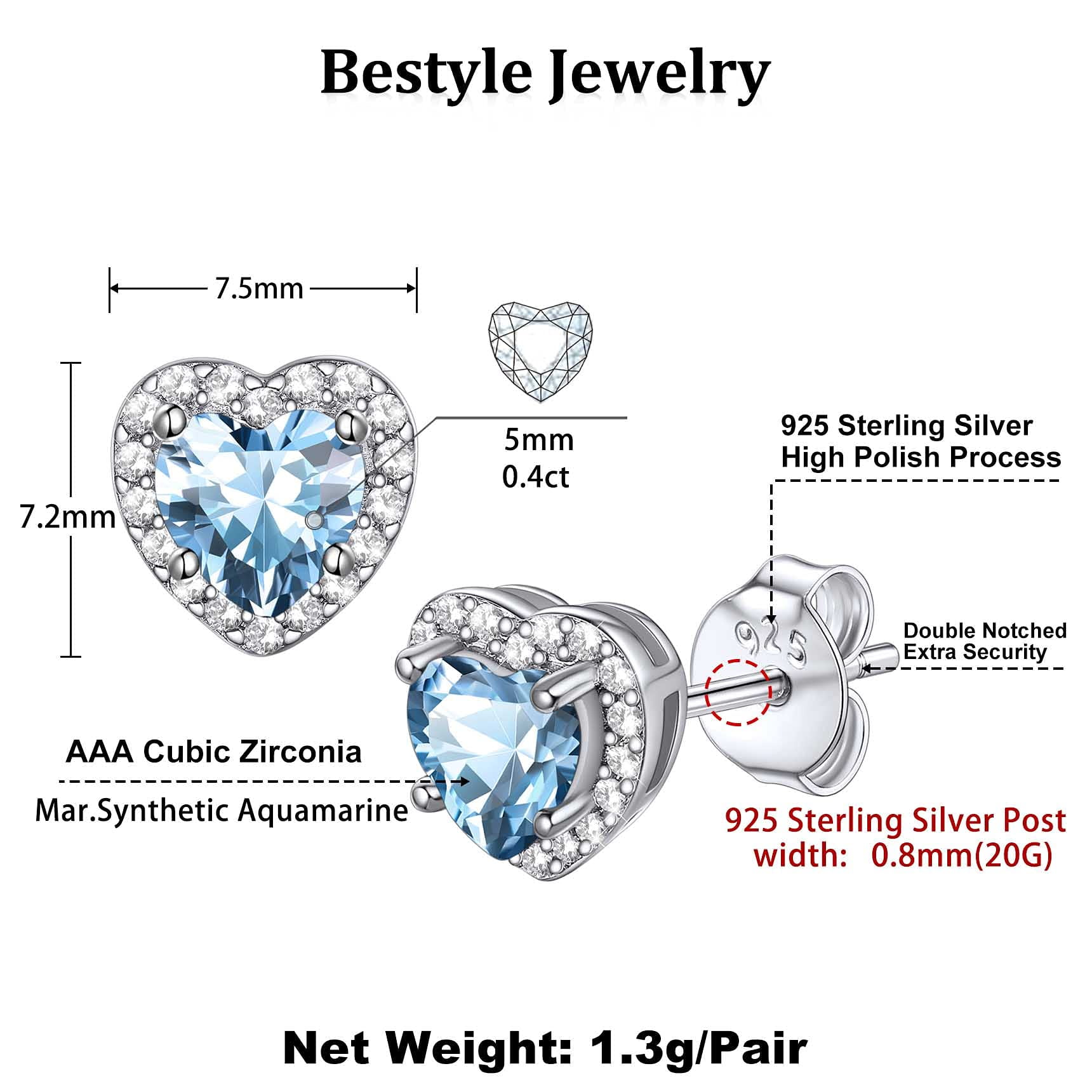 Bestyle Pure 925 Sterling Silver Earrings Necklace Set for Women March Birthstone Heart Jewelry Set Mother'day Gifts for Bridal Wife Mom Daughter