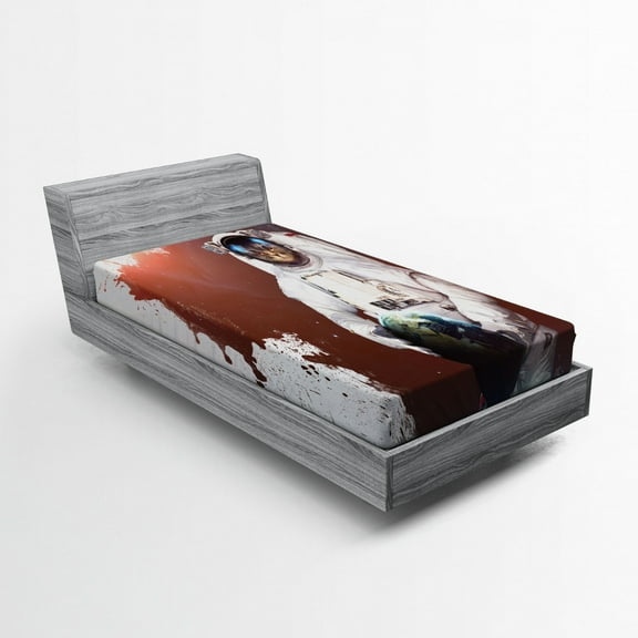 Ambesonne Cat Fitted Sheet, Astronaut Funny Design, Twin XL Size, Red White