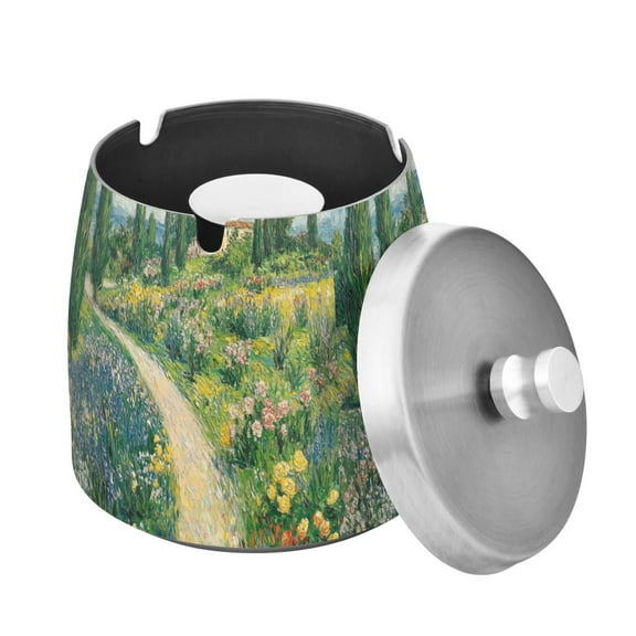 Yayeee Ashtray with Lid for Cigarette Smokeless Stainless Steel Home Ash Holder, Art Garden Scene