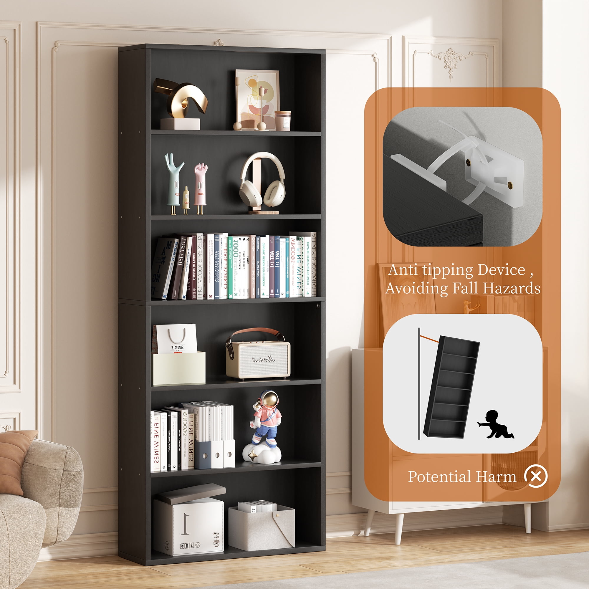 Walsunny 6 Tier Bookshelf Standard Wooden Bookcase Display Shelf with Storage Anti-tipping Device for Home Office Living Room Black