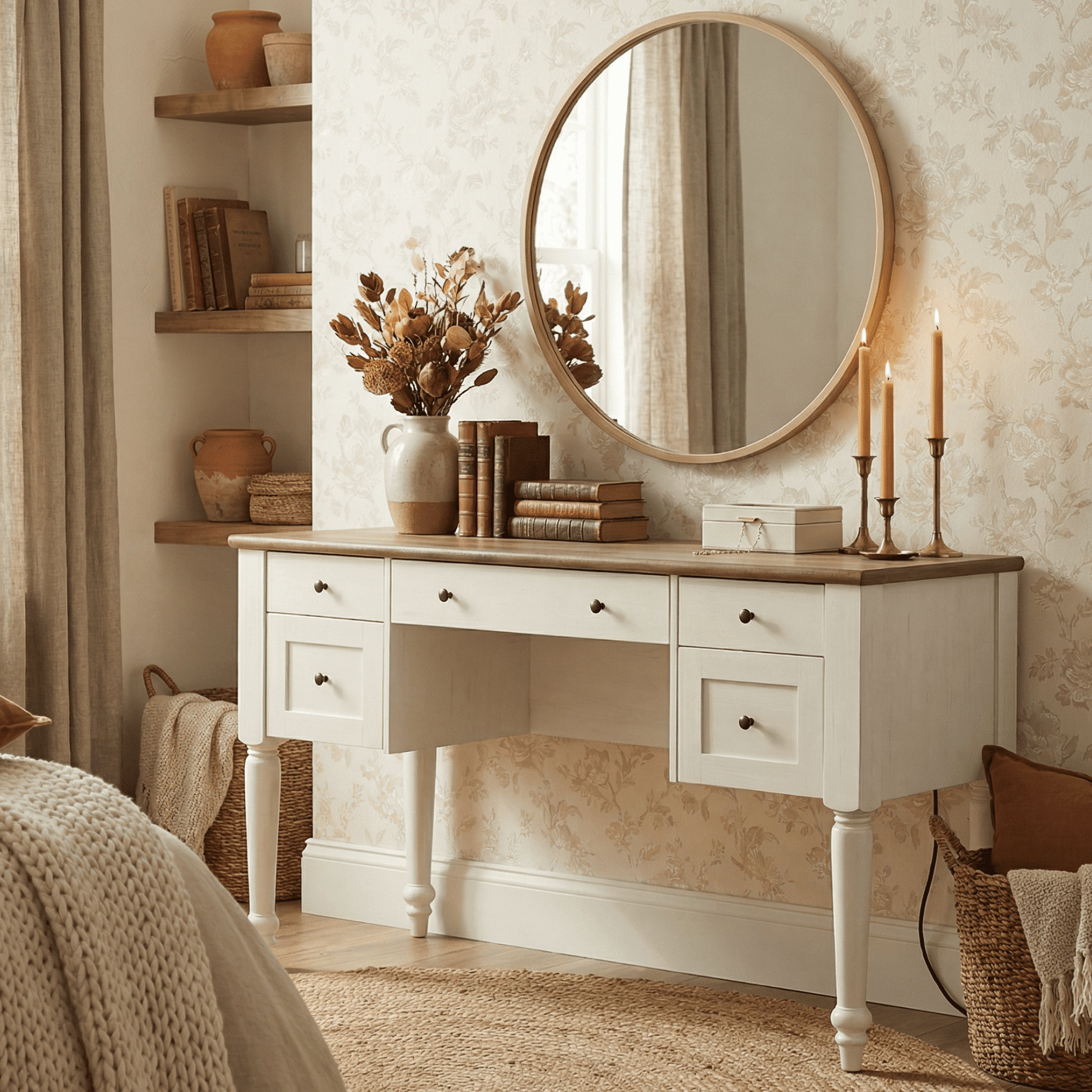 Vanity Desk with 5 Drawers, Home Office Desk with Charging Station, No Mirror, Makeup Vanity Dressing Table with Rear Cabinet Storage, Door, Open Shelf for Bedroom, White