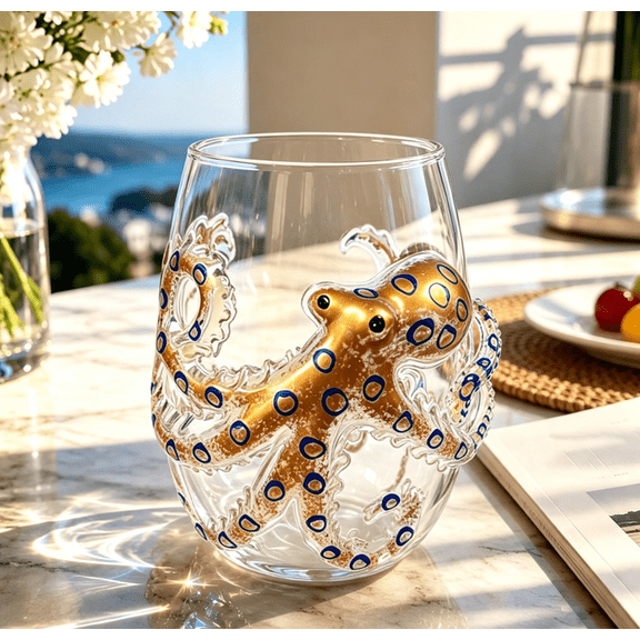 Artisanal Blue Ringed Octopus Glassware, 3D Octopuses Stemless Glasses Decoration Collectible, Handcrafted Marine Animal Bar Glass, Coastal Home Decor Gift for Ocean Lovers (Octopus)