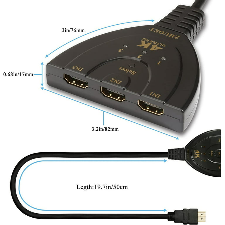HDMI Switcher HDMI Switch 4K, Automatic 3 Ports HDMI Splitter Switch with  Pigtail HDMI Cable, HDMI Switch 3 in 1 Out Support HDCP 2.2 Full HD 4K  1080P