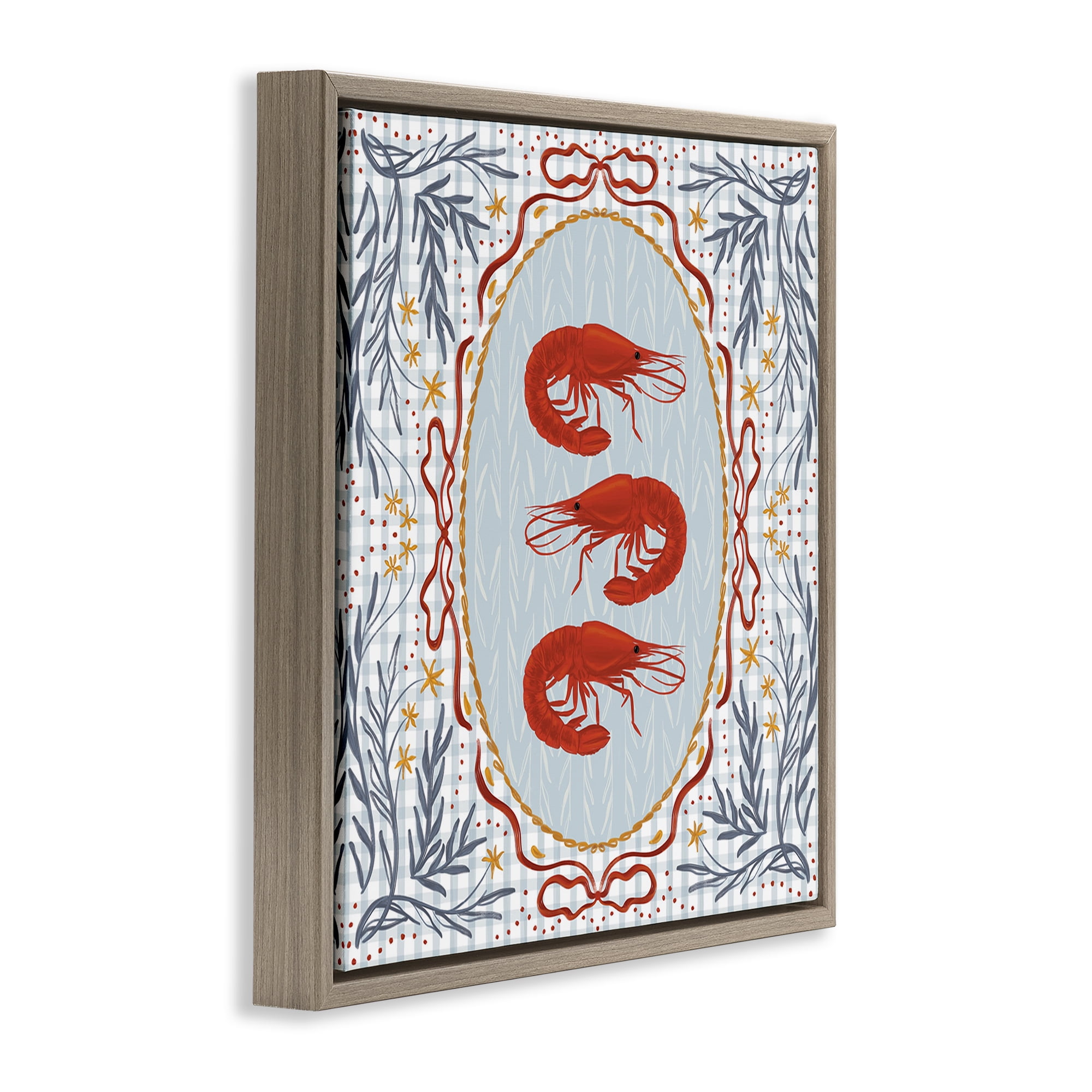 Stupell Industries Prawn Trio on Blue Gingham Brown Framed Floater Canvas Wall Art, design by Vero Illustrates