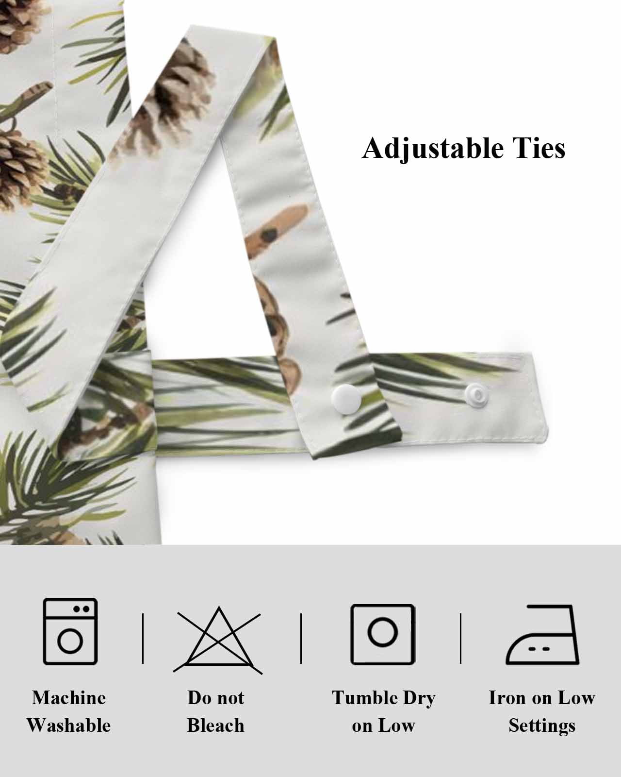 Brown Pine Cones Tie Up Valances Curtain, Green Leaves Branch White Background Kitchen Valances for Windows Decor, Rod Pocket Short Curtains Set for Bedroom/Bathroom, 54"x18"