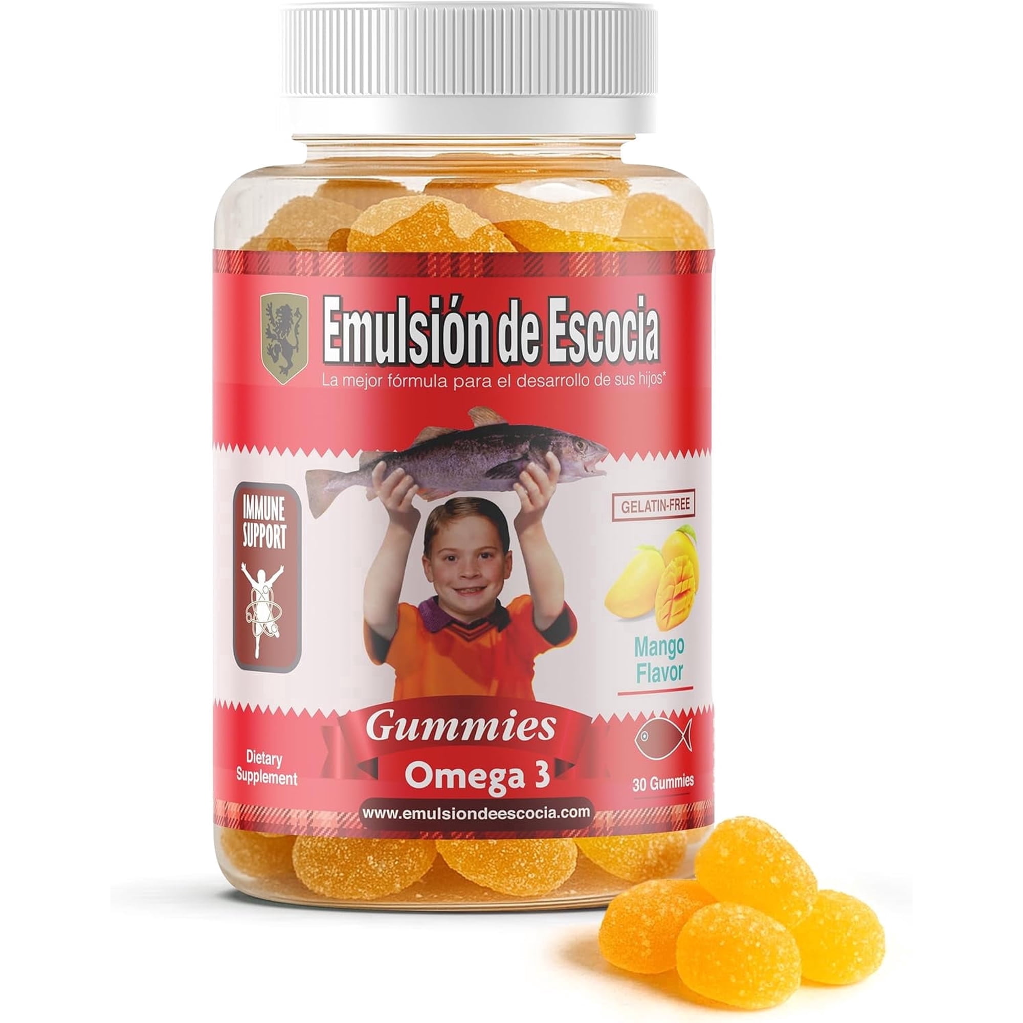 Emulsion de Escocia Omega 3 Gummies for Kids – With Vitamins A, D3, Folic Acid + Zinc, Iron & Calcium – Mango Flavor with No Fishy Aftertaste – Immune & Liver Support – 30 Gummies | 1-Pack