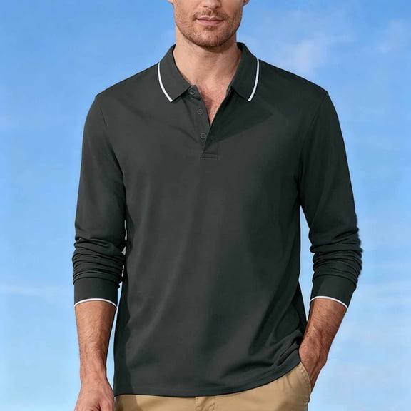 Ceisia Men's Slim-Fit Contrast-Trim Long-Sleeve Polo Shirt Multi-Solid for All-Season Casual Gift