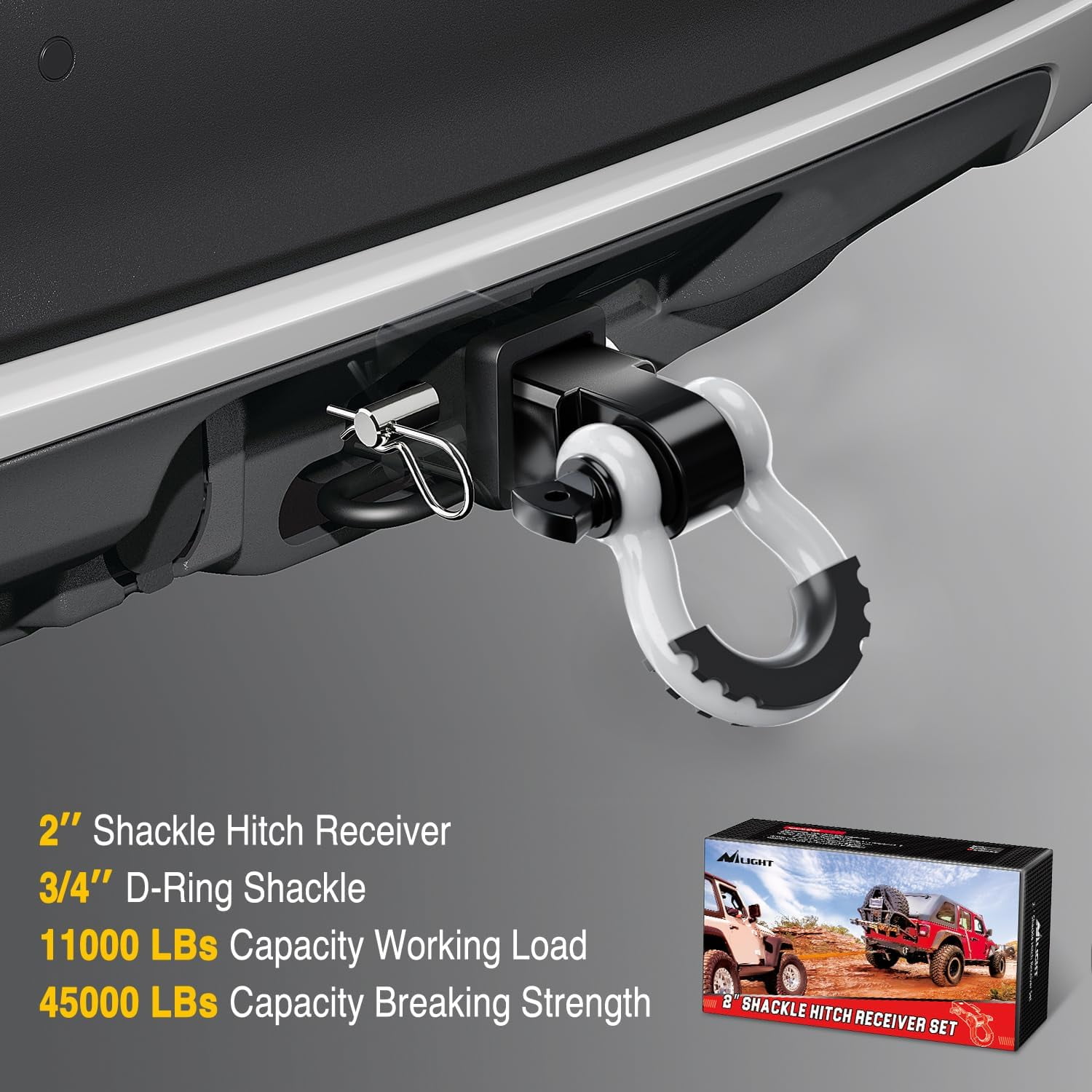 Nilight Shackle Hitch Receiver 2inch 45000 LBs Breaking Strength 3/4" D Ring Shackle w/Trailer Hitch Pin Heavy Duty Solid Recovery Towing Kit for Trucks Jeeps Off-Road