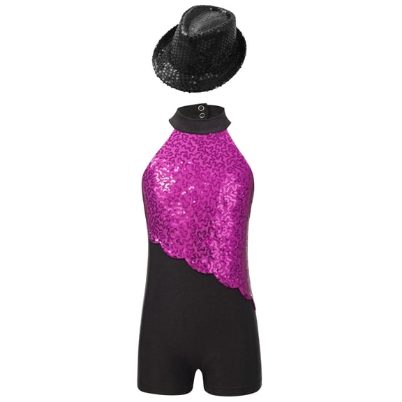 TiaoBug Kids Girls Sequin Jazz Dance Outfit Sleeveless Short Biketard Gymnastics Leotard with Sequin Hat Hot Pink&Black 14