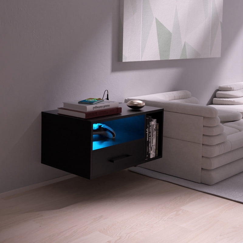 LED Nightstand with Remote Control 26.8” Modern Floating Nightstand with USB Port and Outlet for Bedroom, Black