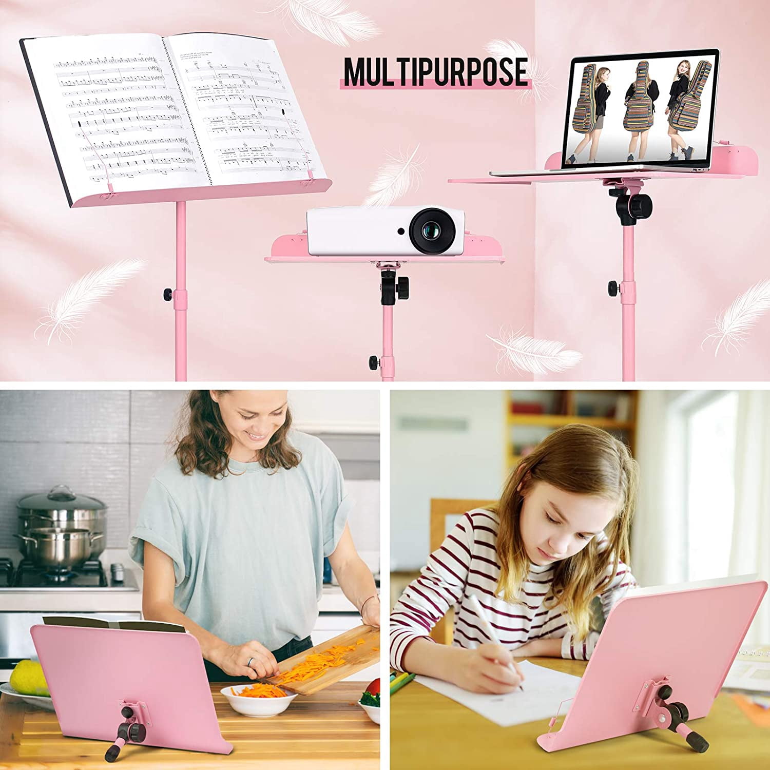 CAHAYA Sheet Music Stand & Tabletop Music Stand Solid Back with Carrying Bag for Books Notes Laptop Tablet Pink CY0194