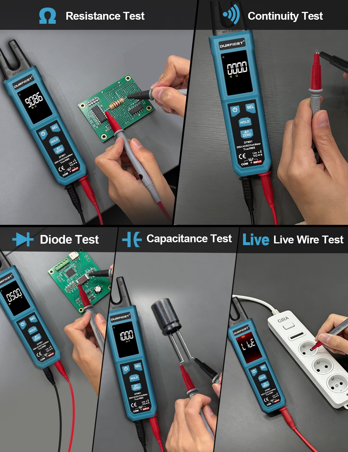 Clamp Meter, DURFICST Digital Auto Ranging Amp Meter TRMS 4000 Counts, Clamp Multimeter with AC/DC Current & Voltage, NCV, Resistance, Capacitance, Frequency, Continuity, Live Wire, Temperature Test