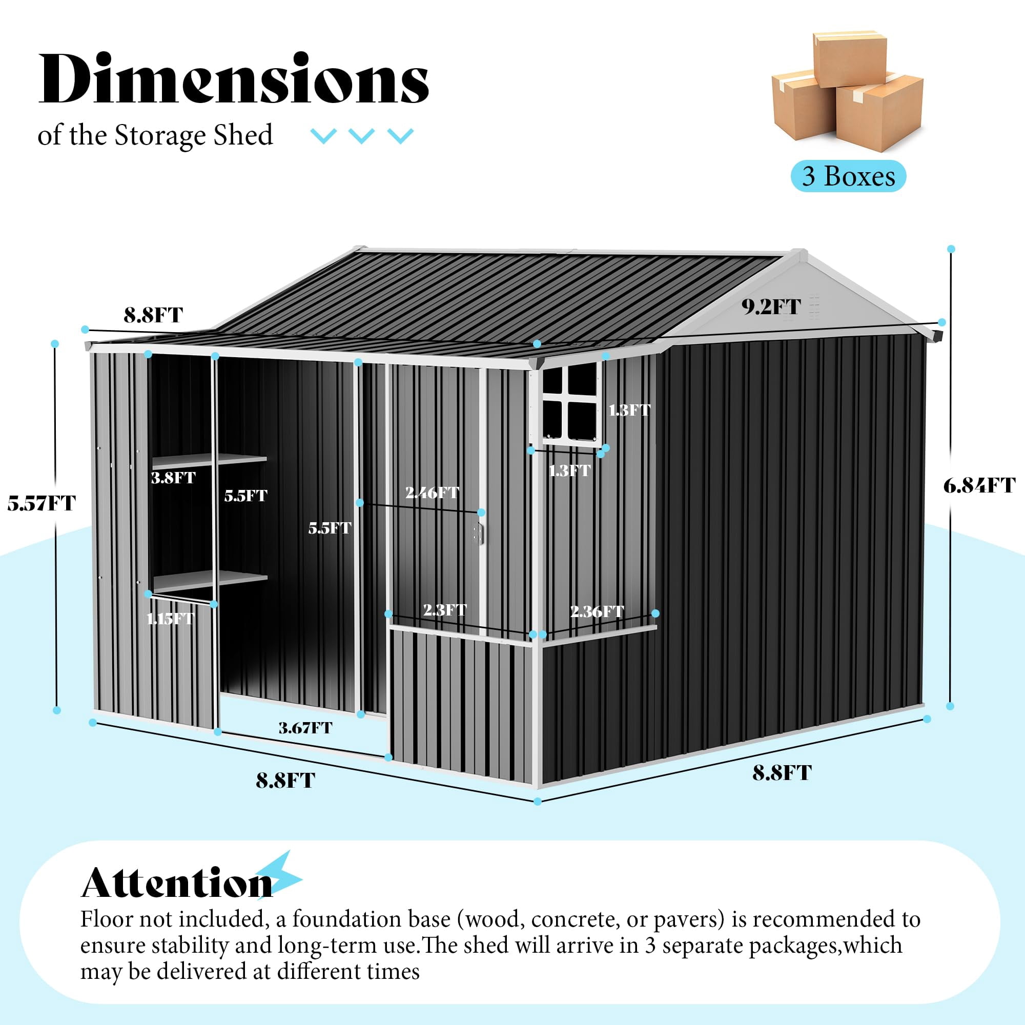 Jocisland 9x9x7 FT Metal Storage Shed, Dual-Zone Tool Shed with Work Area, Reinforced Frame, Gable Roof, Ventilated Design, Dark Grey