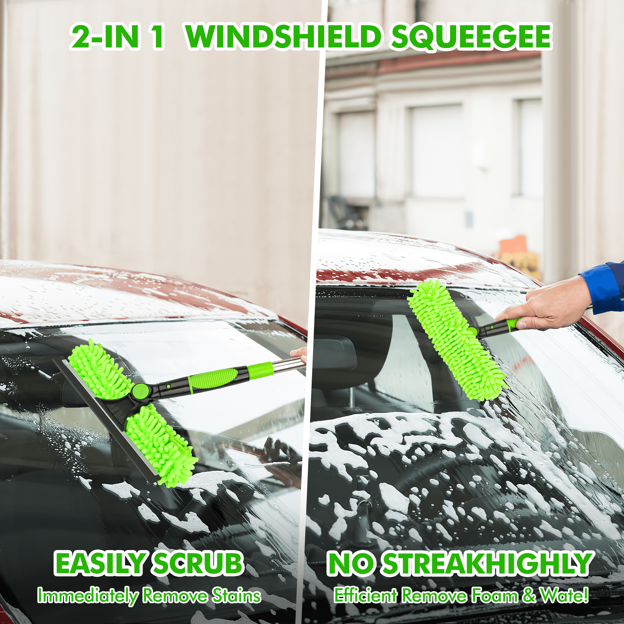 OWNTECH 62" Car Wash Brush & Cleaning Kit - 8-Piece Set with Long Handle Mop, Extra Mop Head, Wheel Brush, Glass Squeegee, Chenille Duster & Wash Mitt for Cars RV Truck Boat(Green)
