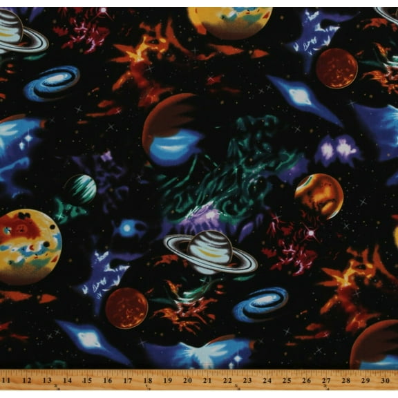 Cotton Outer Space Planets Stars Galaxy Stargazers Black Cotton Fabric Print by the Yard (EKJM-6075-2)