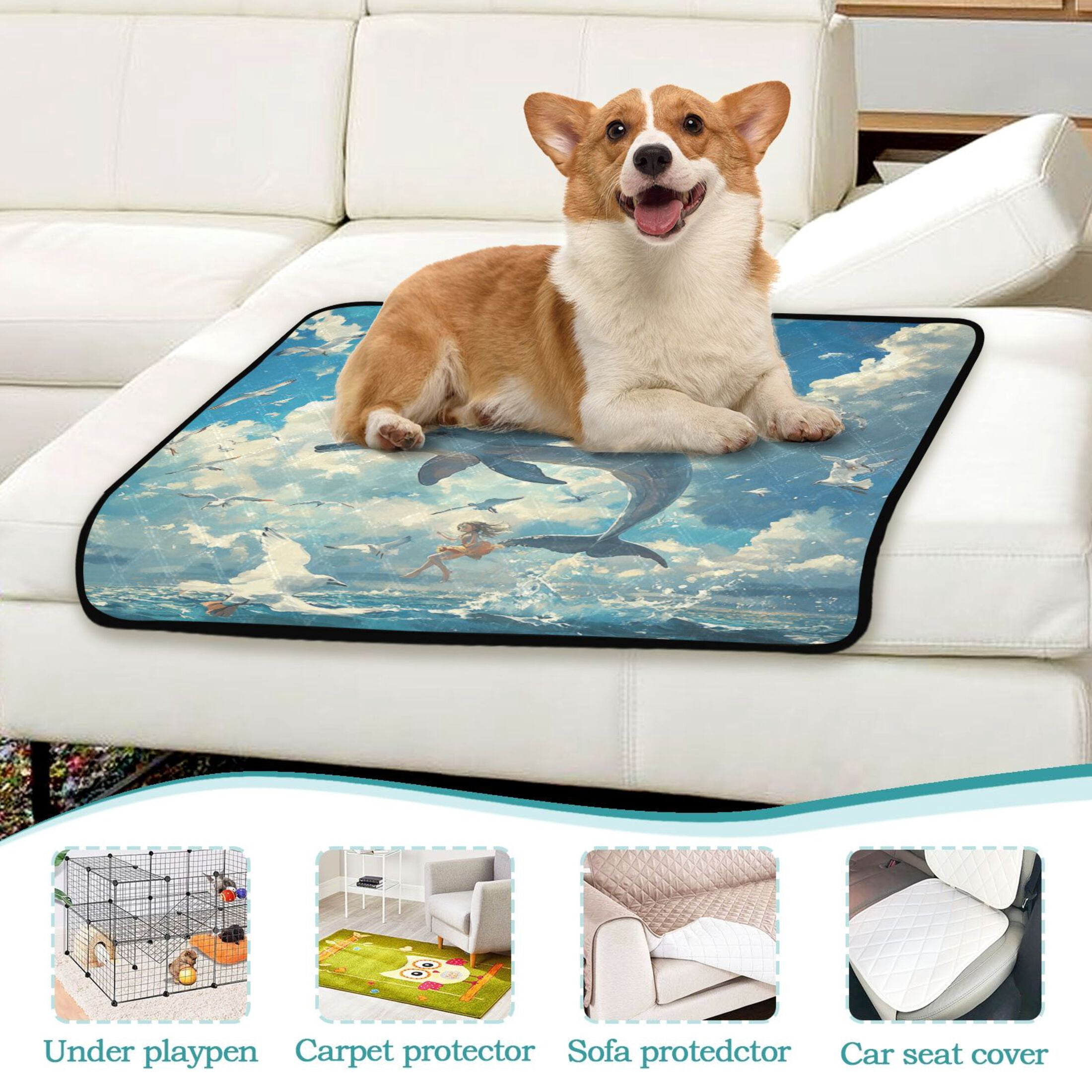 Qxltty Dolphins Collide with Seagulls Cat litter Pads Pet Set of 3 Diaper Mats Center Anti-leakage Layer Absorbent Soft and Comfortable