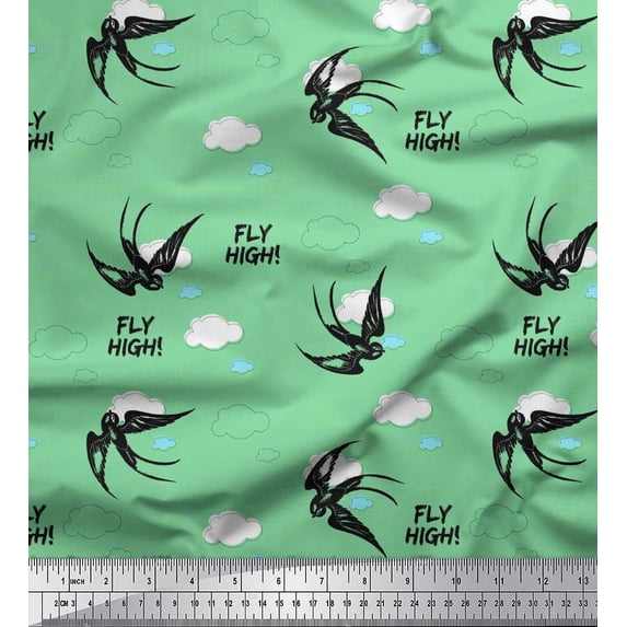 Soimoi Green Cotton Voile Fabric Text,Clouds & Crow Bird Printed Craft Fabric by the Yard 56 Inch Wide
